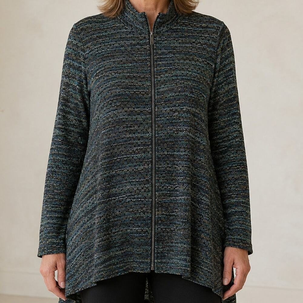 Comfy USA Zipper Tunic Size Medium Colorful Knit Wire Neck High Low Artsy Jacket